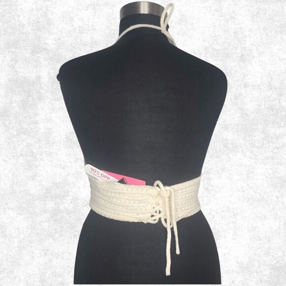 Romwe 3X Knit Sun Embroidered Halter Top – Cream Festival Crop Top Boho Beachwea - Picture 2 of 5